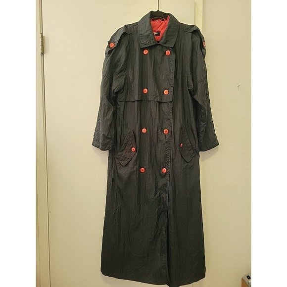 Vintage Women's Climatiser Nylon Trench Coat Black with Red Buttons Small - Picture 1 of 10